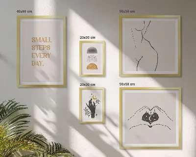 Billedkomposition til væg med motiv af positiv tænkning i minimalistisk stil
