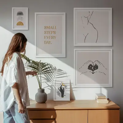 Billedkomposition til væg med motiv af positiv tænkning i minimalistisk stil