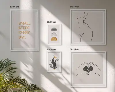 Billedkomposition til væg med motiv af positiv tænkning i minimalistisk stil