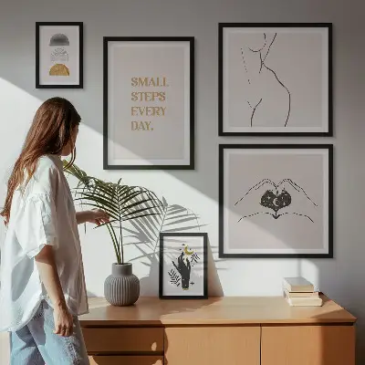 Billedkomposition til væg med motiv af positiv tænkning i minimalistisk stil