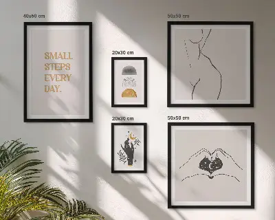 Billedkomposition til væg med motiv af positiv tænkning i minimalistisk stil