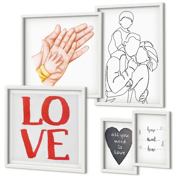 Billedsæt til væg over sofa med motiver af familie, kærlighed, varme og lykke