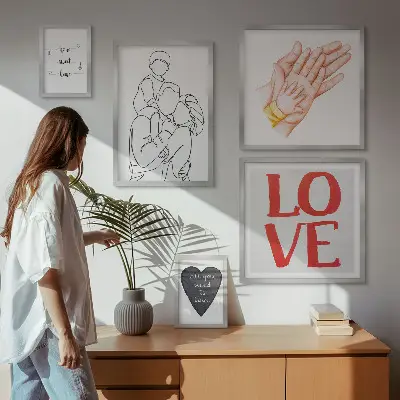 Billedsæt til væg over sofa med motiver af familie, kærlighed, varme og lykke