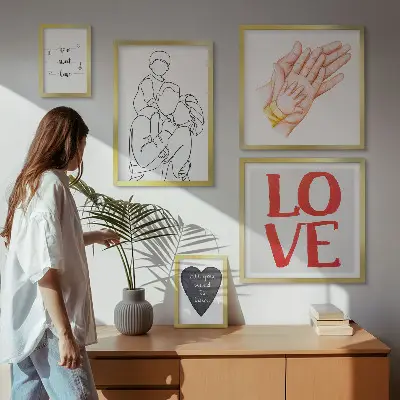 Billedsæt til væg over sofa med motiver af familie, kærlighed, varme og lykke