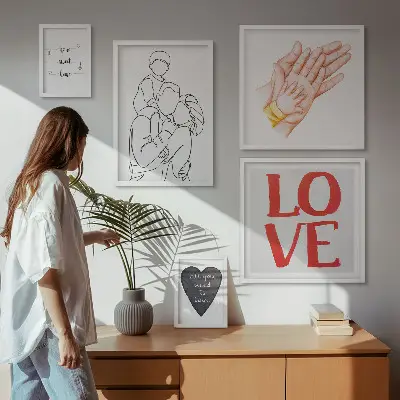 Billedsæt til væg over sofa med motiver af familie, kærlighed, varme og lykke