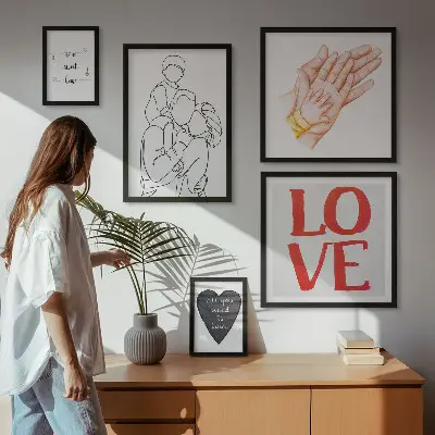 Billedsæt til væg over sofa med motiver af familie, kærlighed, varme og lykke