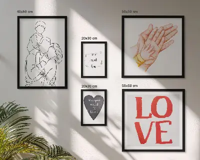 Billedsæt til væg over sofa med motiver af familie, kærlighed, varme og lykke