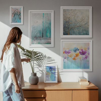 Billedsæt over sofa Abstrakte landskaber blomster
