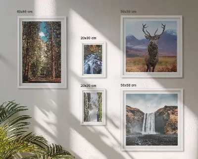 Billedsæt over sofa med motiv af natur og vandfald