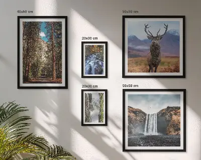 Billedsæt over sofa med motiv af natur og vandfald