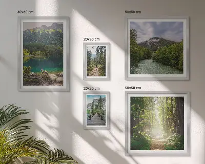 Billedsæt over sofa med motiver af bjerglandskaber og skovstier