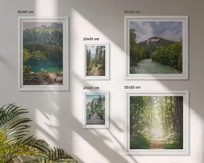 Billedsæt over sofa med motiver af bjerglandskaber og skovstier