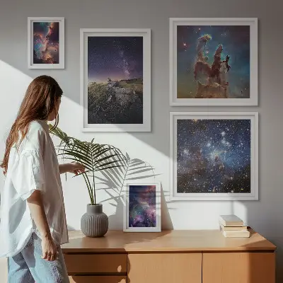 Billedsæt over sofa med motiv af kosmiske galakselandskaber