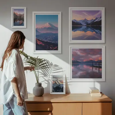 Billedsæt over sofa udsigt over bjerge med maleriske tinder