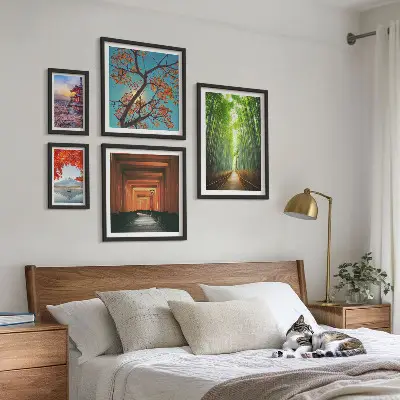 Landskaber af japanske bambusblomster billedsæt over sofa