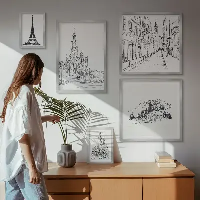 Stilfulde arkitektoniske illustrationer billedsæt til over sofaen
