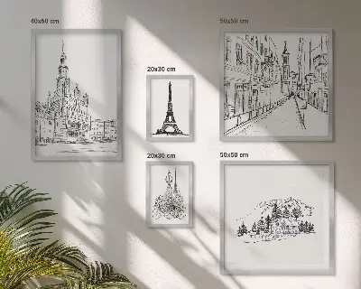Stilfulde arkitektoniske illustrationer billedsæt til over sofaen