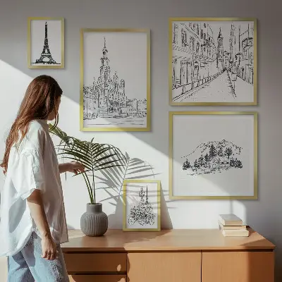 Stilfulde arkitektoniske illustrationer billedsæt til over sofaen