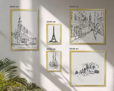 Stilfulde arkitektoniske illustrationer billedsæt til over sofaen