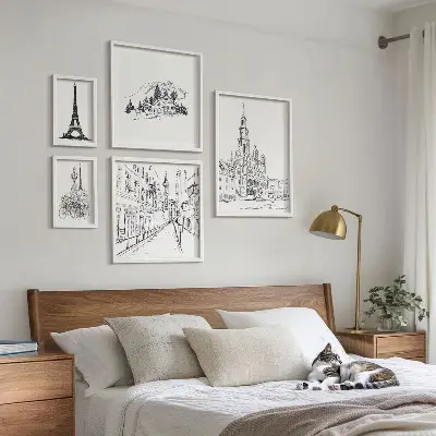 Stilfulde arkitektoniske illustrationer billedsæt til over sofaen