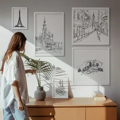 Stilfulde arkitektoniske illustrationer billedsæt til over sofaen