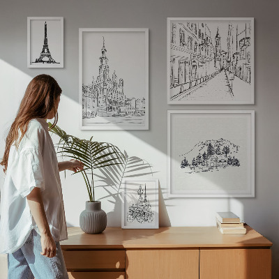 Billedsæt over sofa Stilfulde arkitektoniske illustrationer
