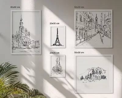 Stilfulde arkitektoniske illustrationer billedsæt til over sofaen