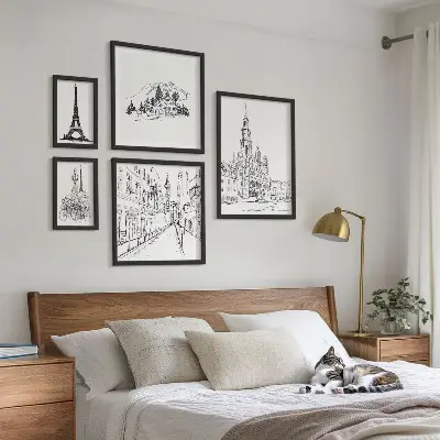 Stilfulde arkitektoniske illustrationer billedsæt til over sofaen
