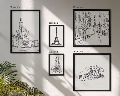 Stilfulde arkitektoniske illustrationer billedsæt til over sofaen