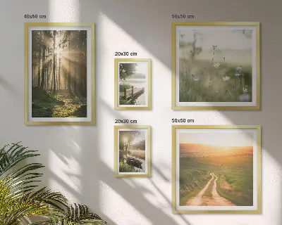 Billedsæt med skovlandskaber motiver af skov og vand til ophængning over sofaen