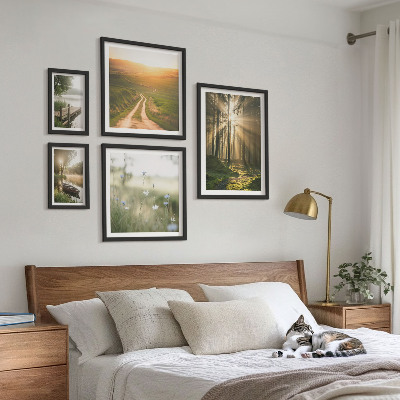 Billedsæt over sofa Skovlandskaber sol vand