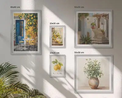 Billedkomposition til væg med inspiration i citrusstil