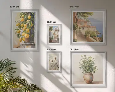 Billedsæt til væg over sofa med citrusmotiver i middelhavsstil