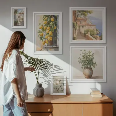 Billedsæt til væg over sofa med citrusmotiver i middelhavsstil