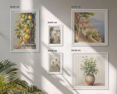 Billedsæt til væg over sofa med citrusmotiver i middelhavsstil