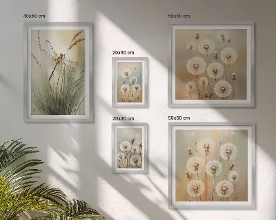 Billedkomposition til væg med blomstermotiver af guldsmede og mælkebøtter