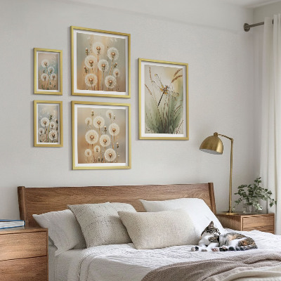 Billedkomposition til væg Blomstermotiver af guldsmede og mælkebøtter
