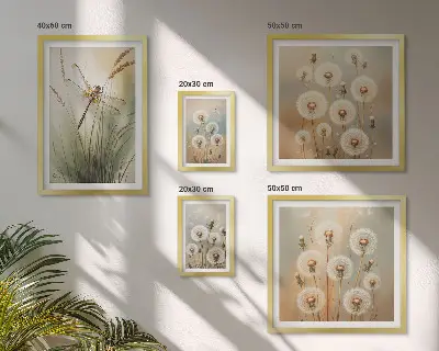Billedkomposition til væg med blomstermotiver af guldsmede og mælkebøtter