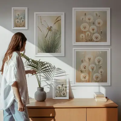 Billedkomposition til væg med blomstermotiver af guldsmede og mælkebøtter