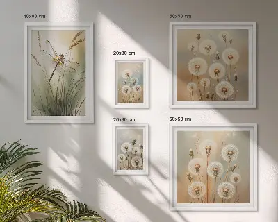 Billedkomposition til væg med blomstermotiver af guldsmede og mælkebøtter