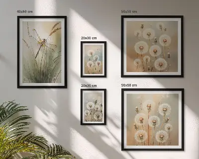 Billedkomposition til væg med blomstermotiver af guldsmede og mælkebøtter