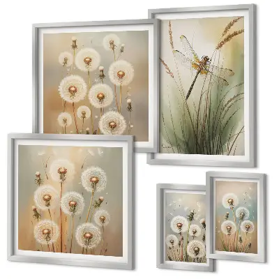 Billedkomposition til væg med blomstermotiver af guldsmede og mælkebøtter