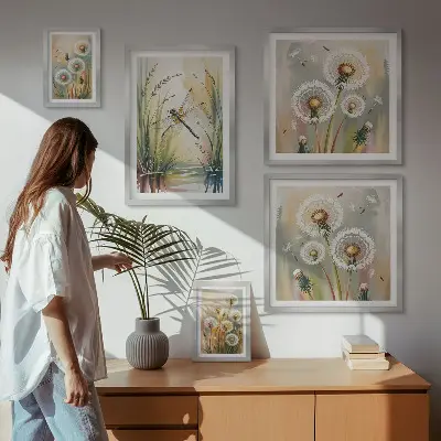 Billedsæt over sofa med blomster og guldsmede i naturstil