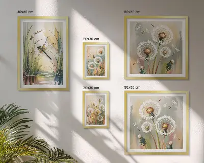 Billedsæt over sofa med blomster og guldsmede i naturstil