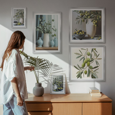 Billedsæt over sofa Grønne olivenblomster i skandinavisk stil