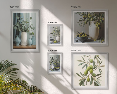 Billedsæt over sofa Grønne olivenblomster i skandinavisk stil