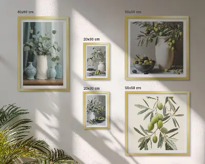 Billedsæt over sofa med grønne olivenblomster i skandinavisk stil