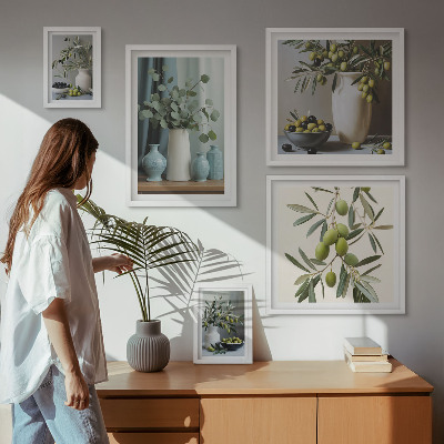 Billedsæt over sofa Grønne olivenblomster i skandinavisk stil