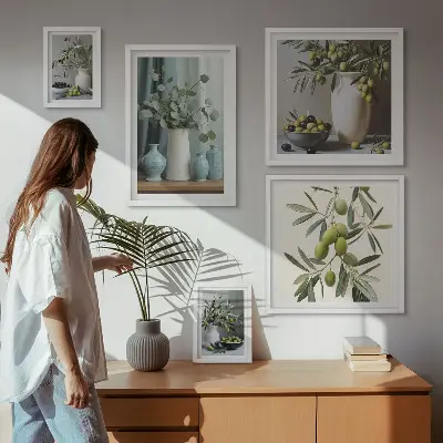 Billedsæt over sofa med grønne olivenblomster i skandinavisk stil