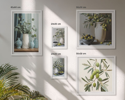 Billedsæt over sofa Grønne olivenblomster i skandinavisk stil
